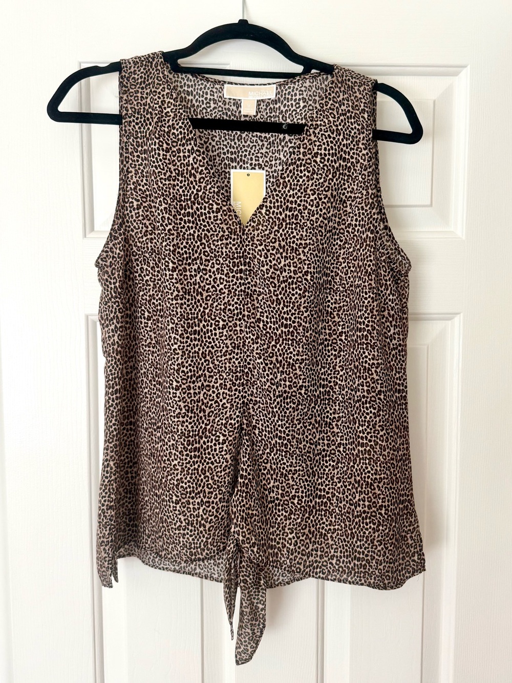 Michael Kors Dark Camel Leopard Print Tie-Front Sleeveless Blouse